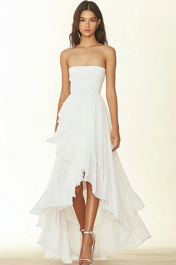 White Strapless Ruffles Graduation Dress